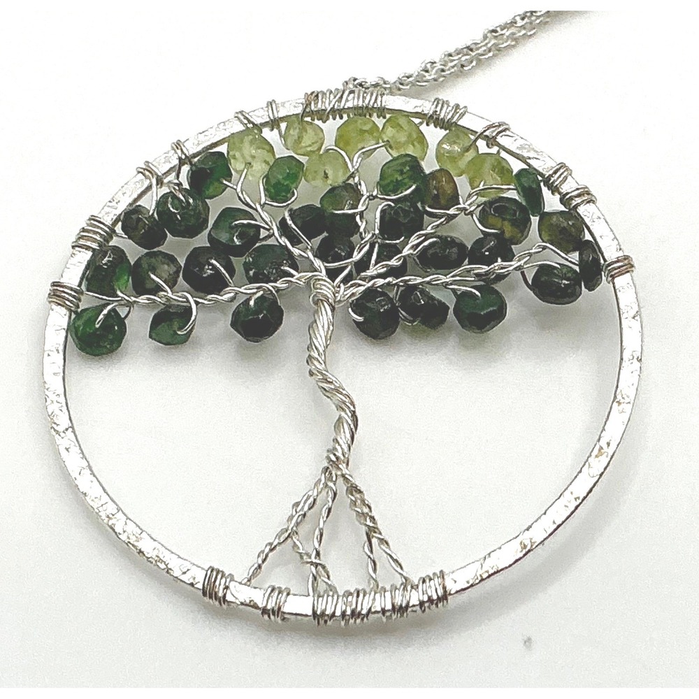 Tree of Life Necklace Green Gemstone Jadeite Beads Wire‎ Wrapped Pendant Silver